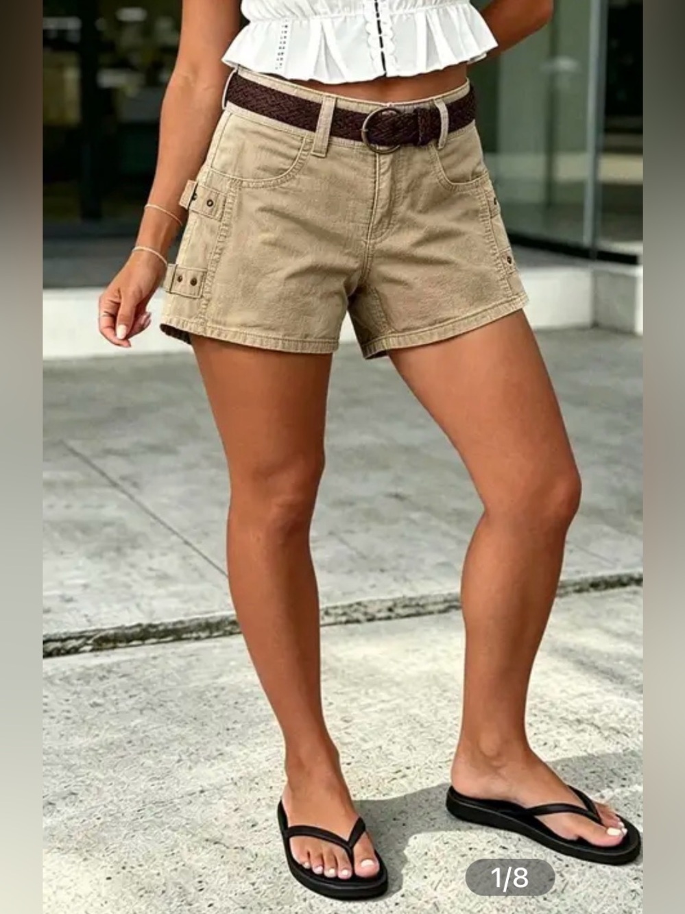 Solid Buckle Mid Waist Shorts Without Belt L PS8-3
